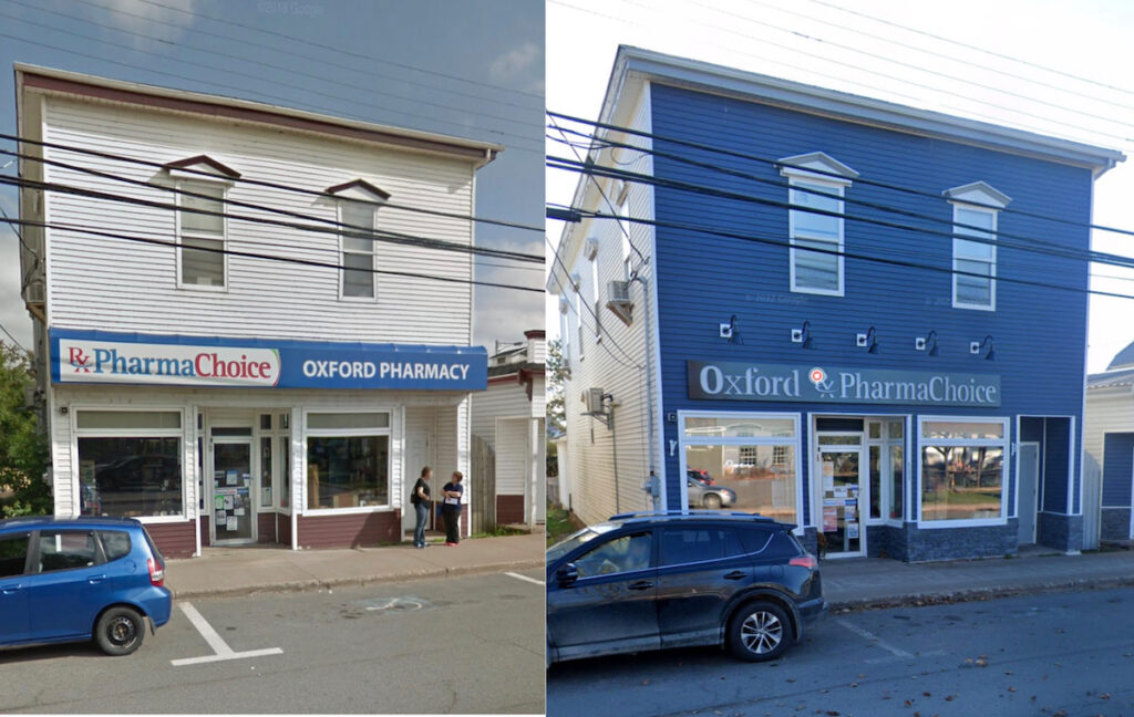 The Oxford Pharmachoice, before and after the façade upgrade.
