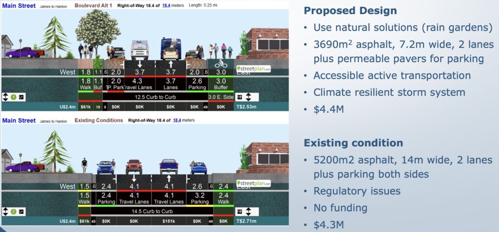 Main Street renovation project options (top): radical transformation, (bottom): replace existing design with same