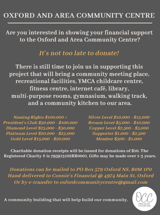Donations options for the Oxford & Area Community Centre