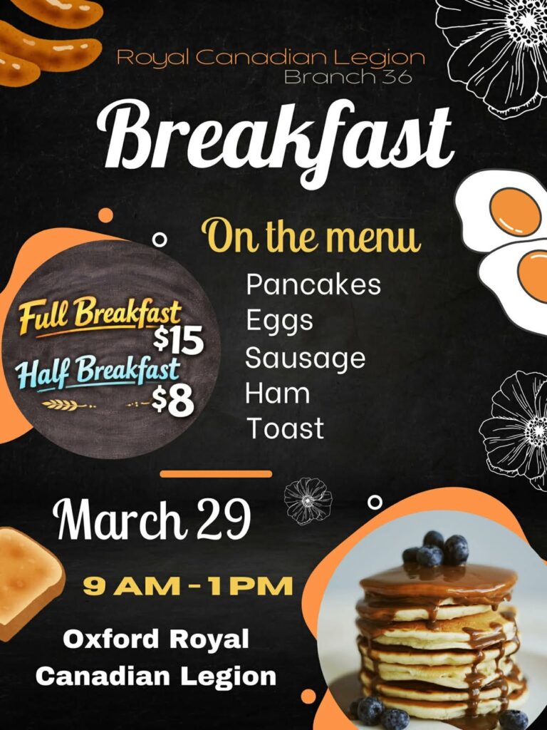 Pancake Breakfast, Oxford Legion Branch #36
March 29th, 9:00am-1:00pm
Jackson St., Oxford.
$15 full breakfast, $8 half.
Pancakes, Eggs, Sausage, Ham, Toast.