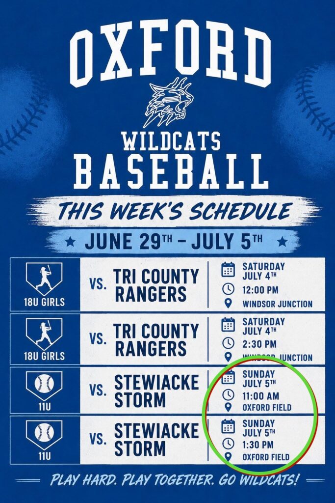 Oxford Wildcats Baseball, Sunday July 5th at the George Henley Memorial Ballfield, Oxford