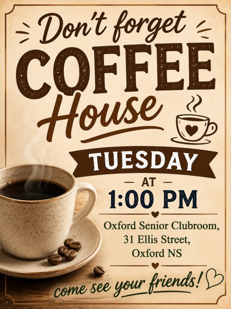 Coffee House Tuesday at the Oxford Seniors Club, Ellis St. 1:00pm-3:00pm

Public welcome! free / donation

