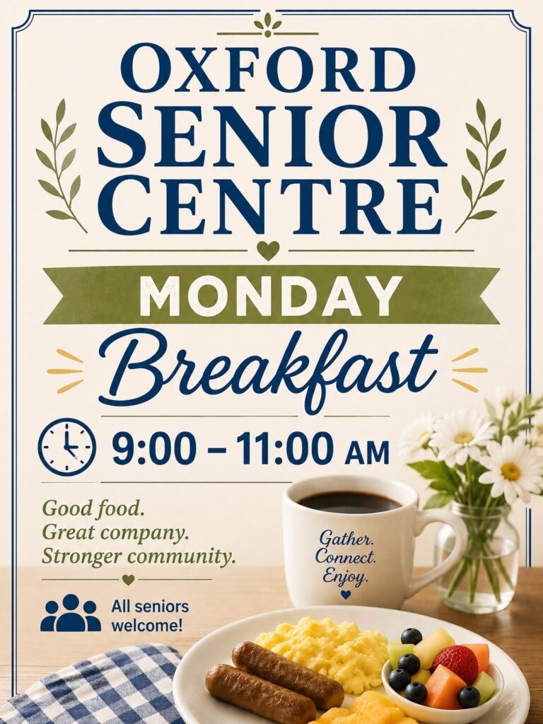 Oxford Seniors Club — Free Monday Breakfast, 9:00am-11:00am, 31 Ellis St., Oxford, NS