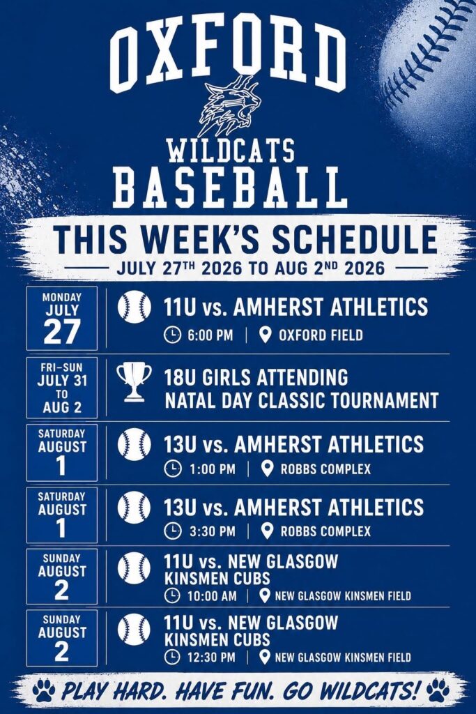 Oxford Wildcats Schedule week of July 27th