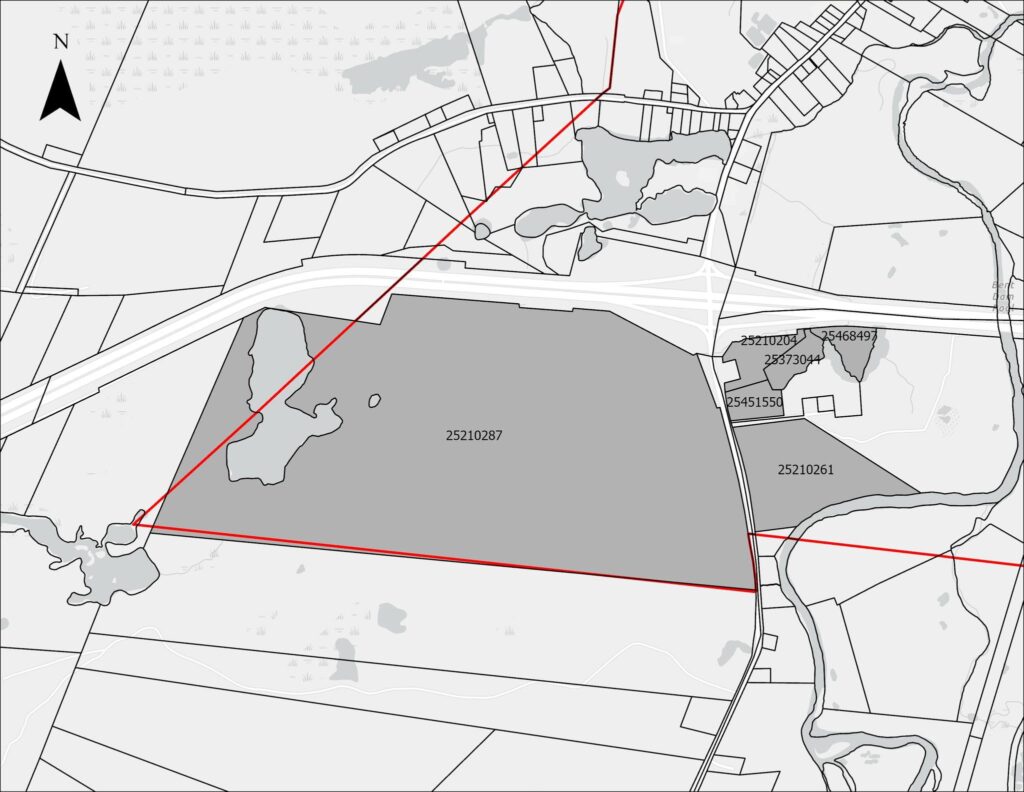 Properties on the southern border of the Town of Oxford that were rezoned from Rural Development land to Main Street Mixed-Use Zone land in 2025.