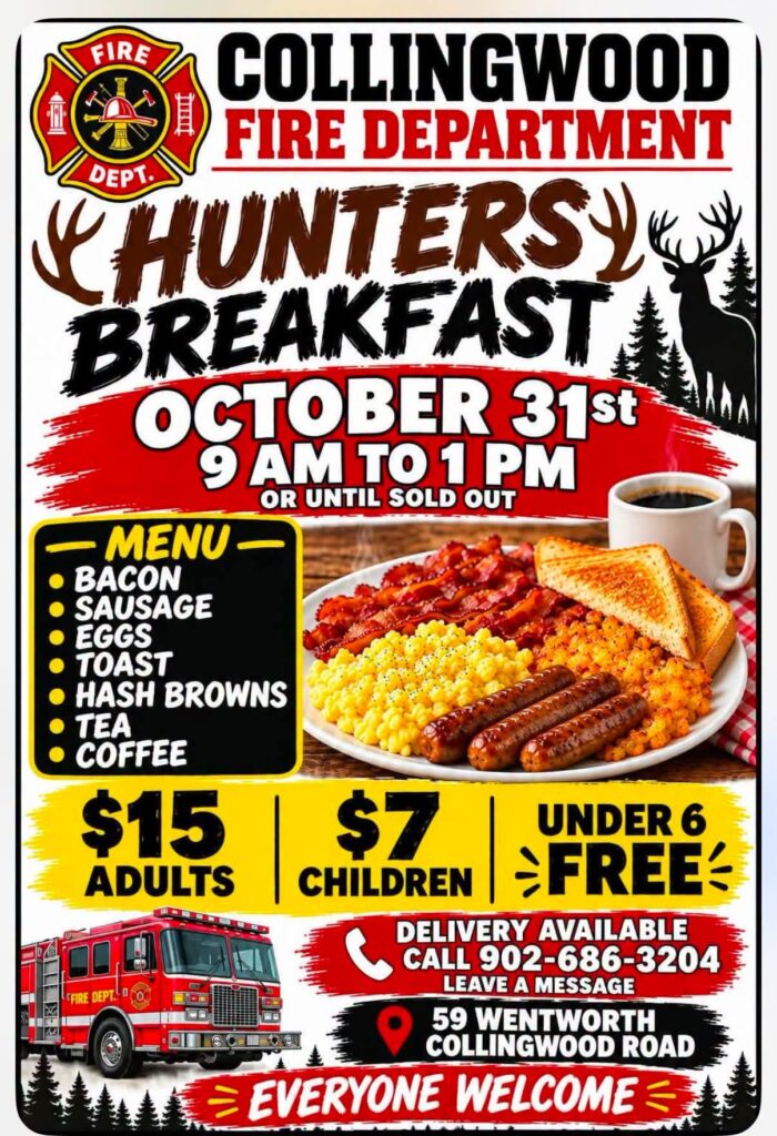 Collingwood Fire Department
"Hunter's Breakfast"
October 31st
9:00am-1:00pm
