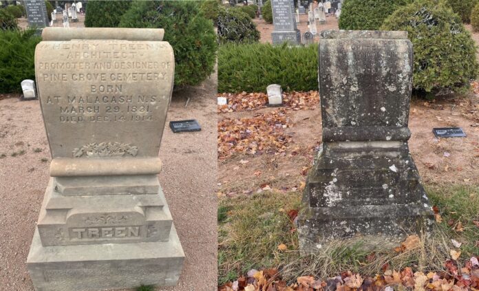 Restored gravestone of Henry Treen, architect of the Pine Grove Cemetery